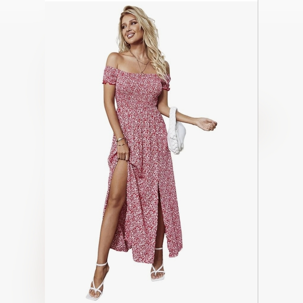 Floral Off-Shoulder Red Dress